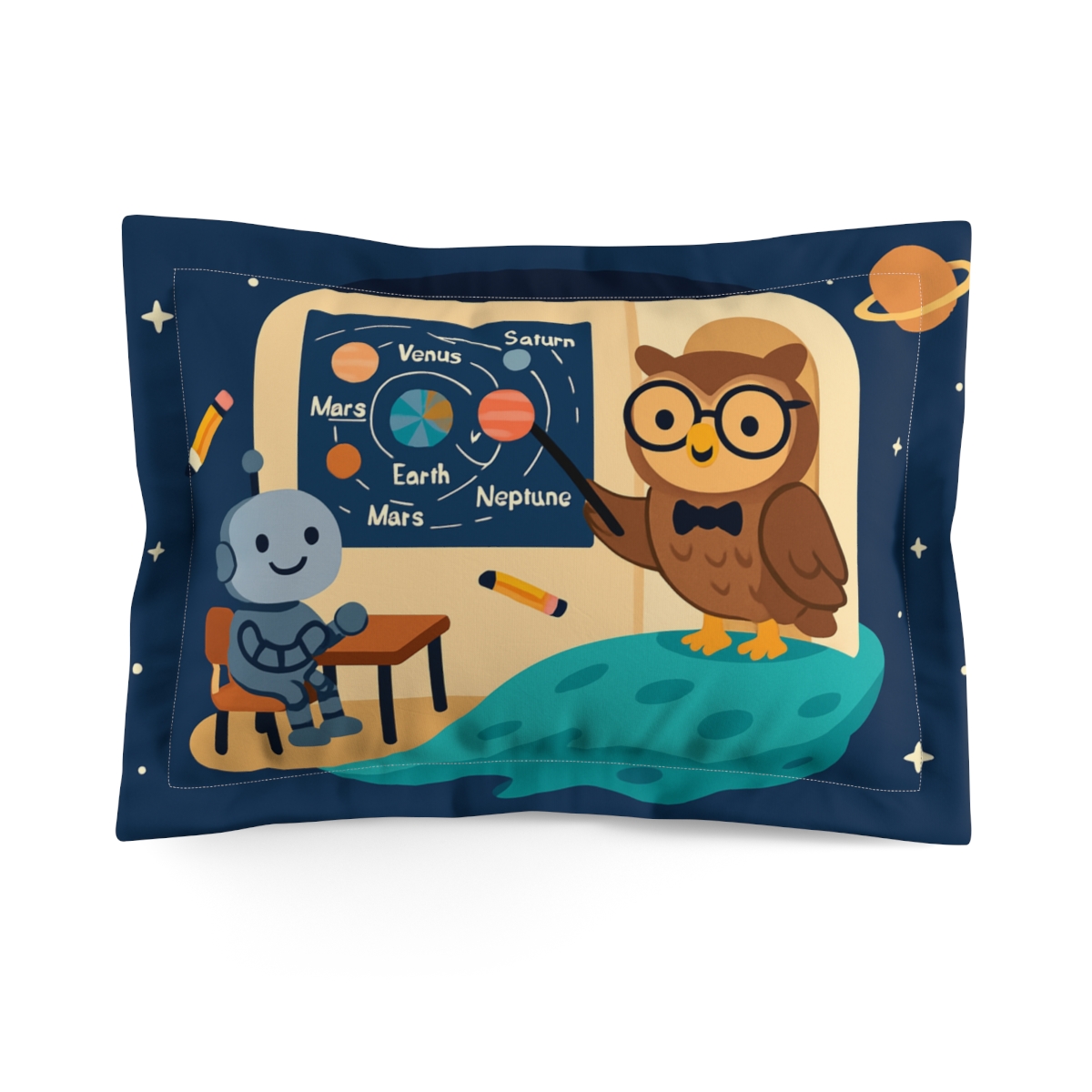 Comet Classroom With Owl Astronomer designer printed pillows