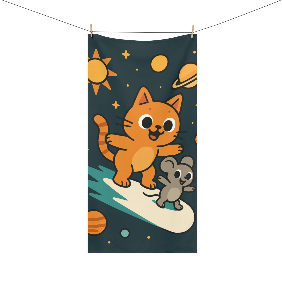 Comet Surfing Cat And Mouse personalized bath towels