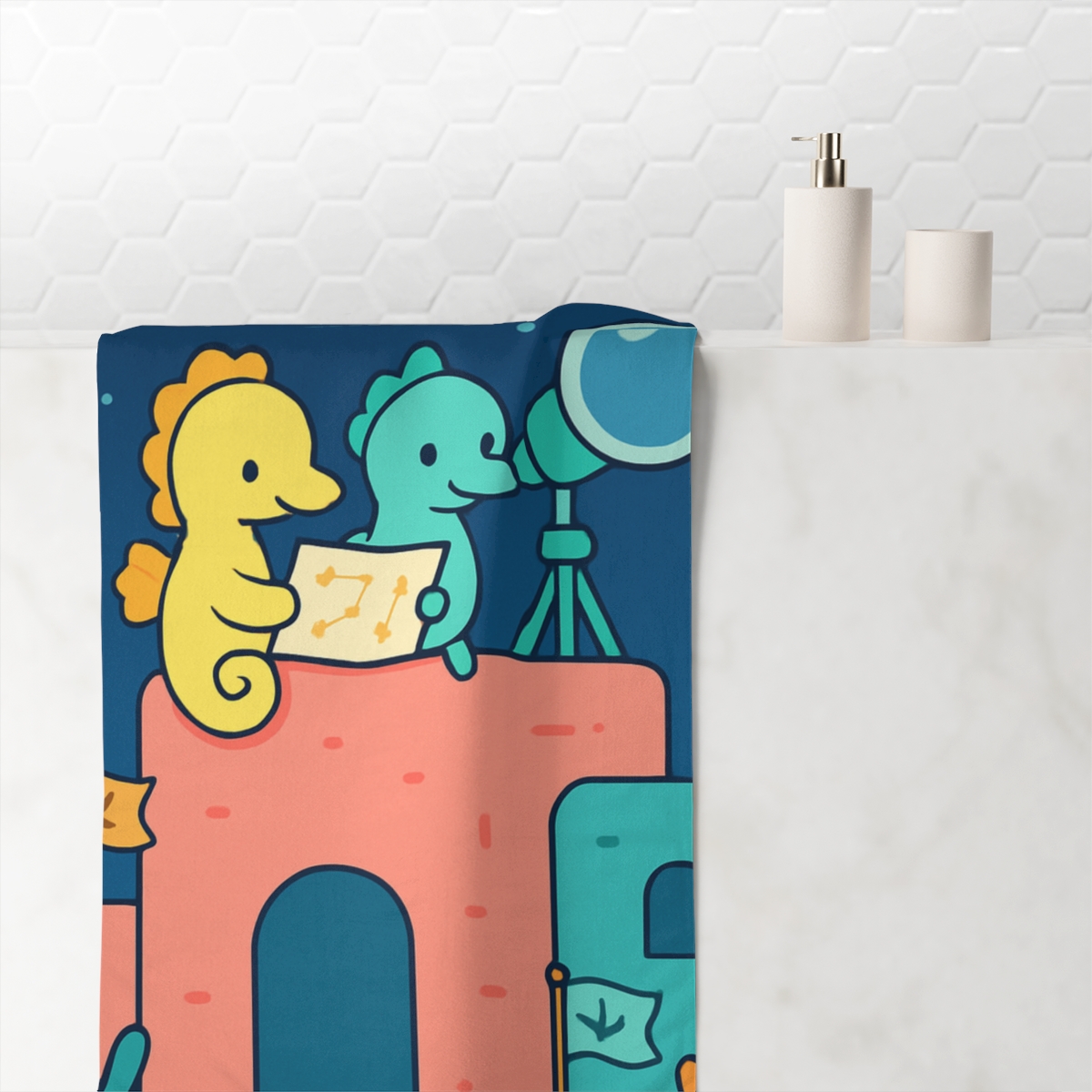 Coral City Stargazing Seahorses designer printed towels