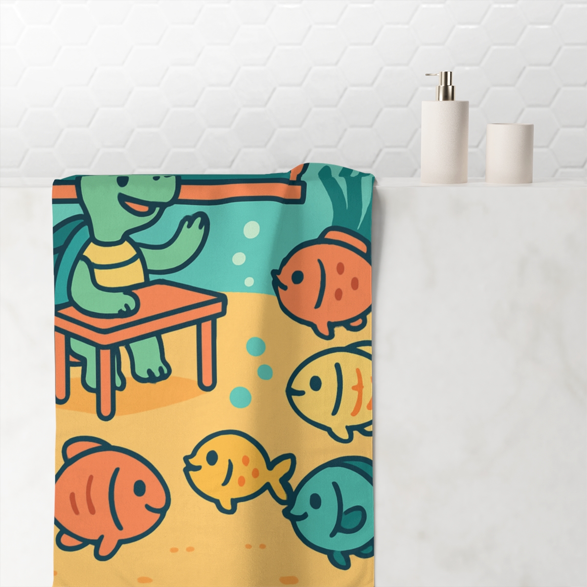 Coral Classroom With Curious Turtle personalized bath towels