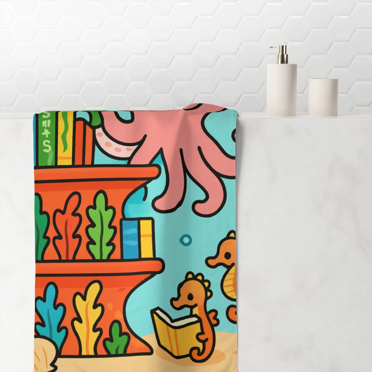 Coral Library And The Octopus Librarian custom towels