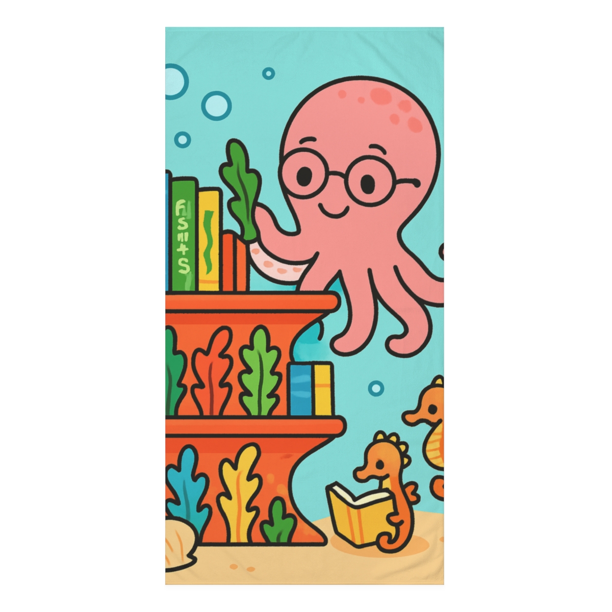Coral Library And The Octopus Librarian custom towels