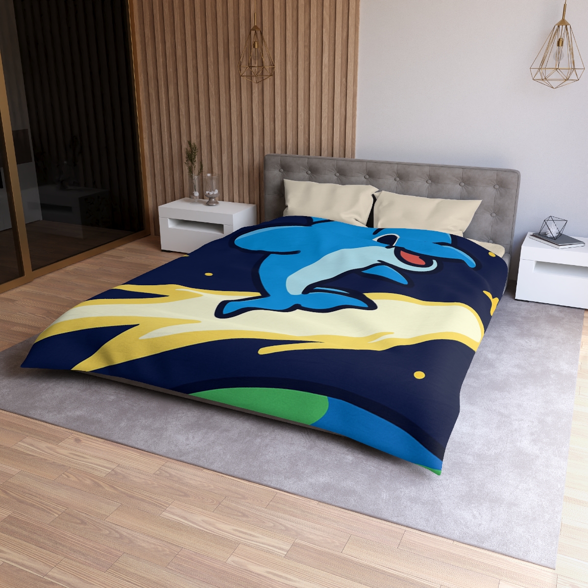 Cosmic Dolphin Comet Ride designer printed duvets