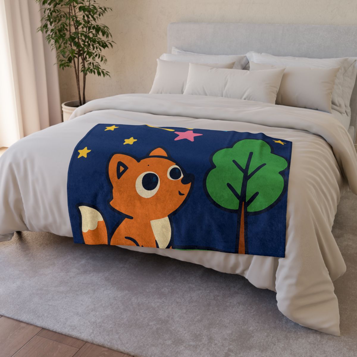 Cosmic Forest Fox And The Shooting Stars soft fleece blankets