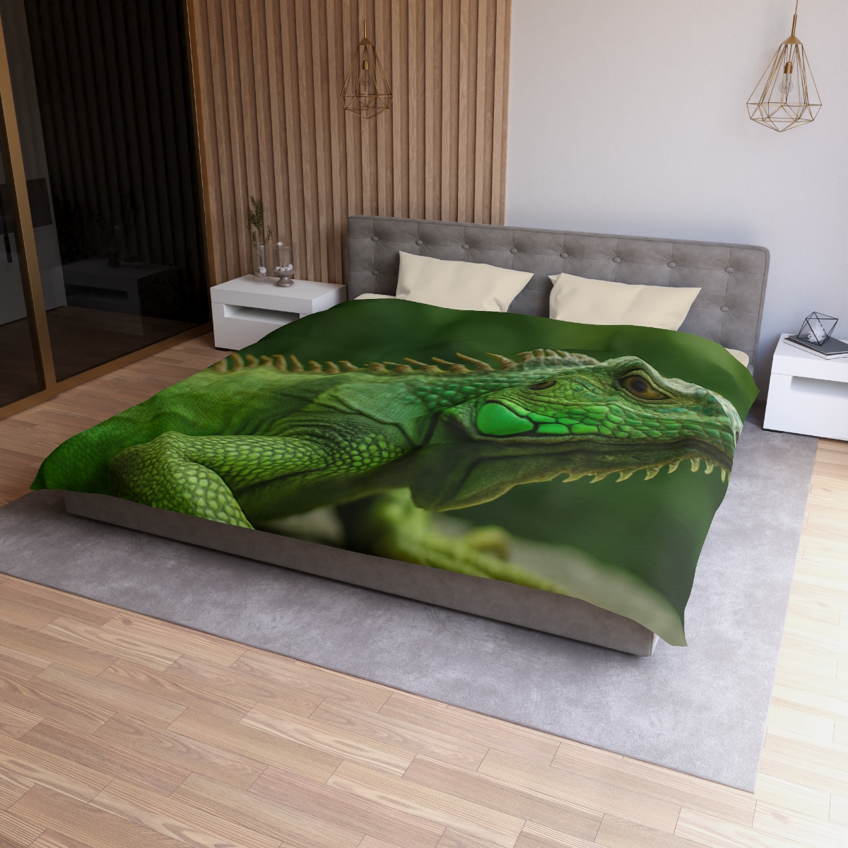 Stone Watcher Green Iguana designer printed duvets