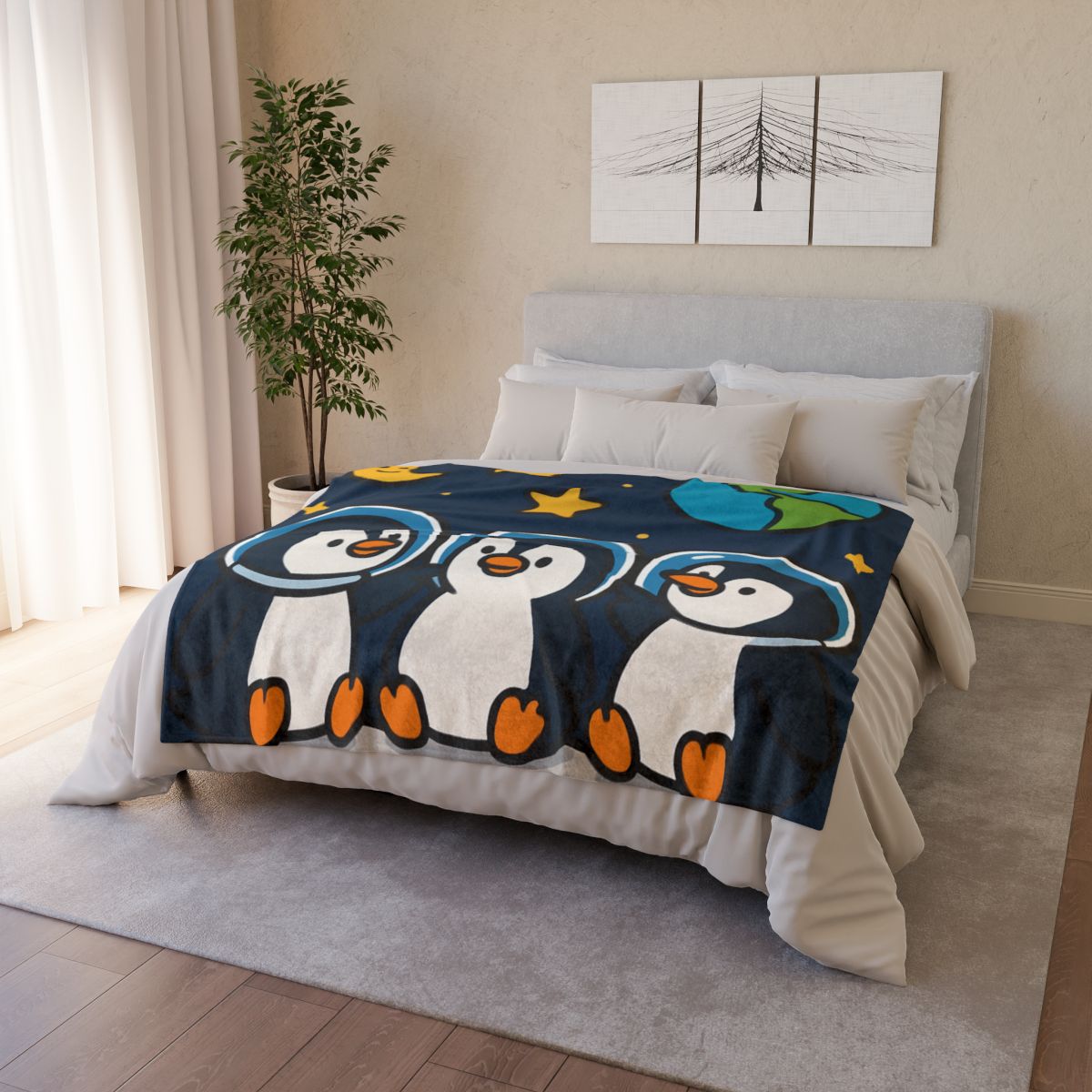 Stargazing Penguins On The Moon designer printed blankets