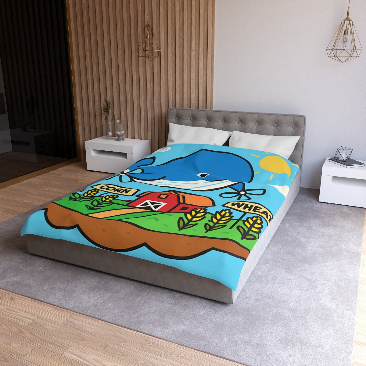 Windmill Whale Above The Floating Farm designer printed duvets