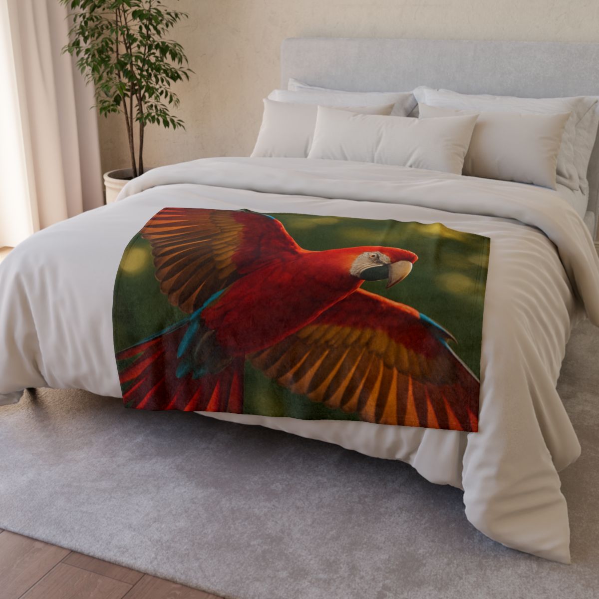 Scarlet Macaw Ember Flight soft fleece blankets