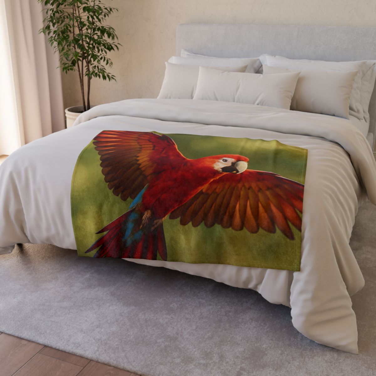 Scarlet Arc Macaw In Flight soft fleece blankets