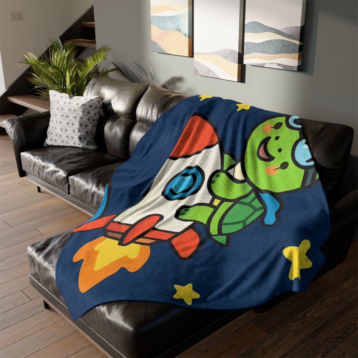 Rocket Riding Turtle To The Moon designer printed blankets