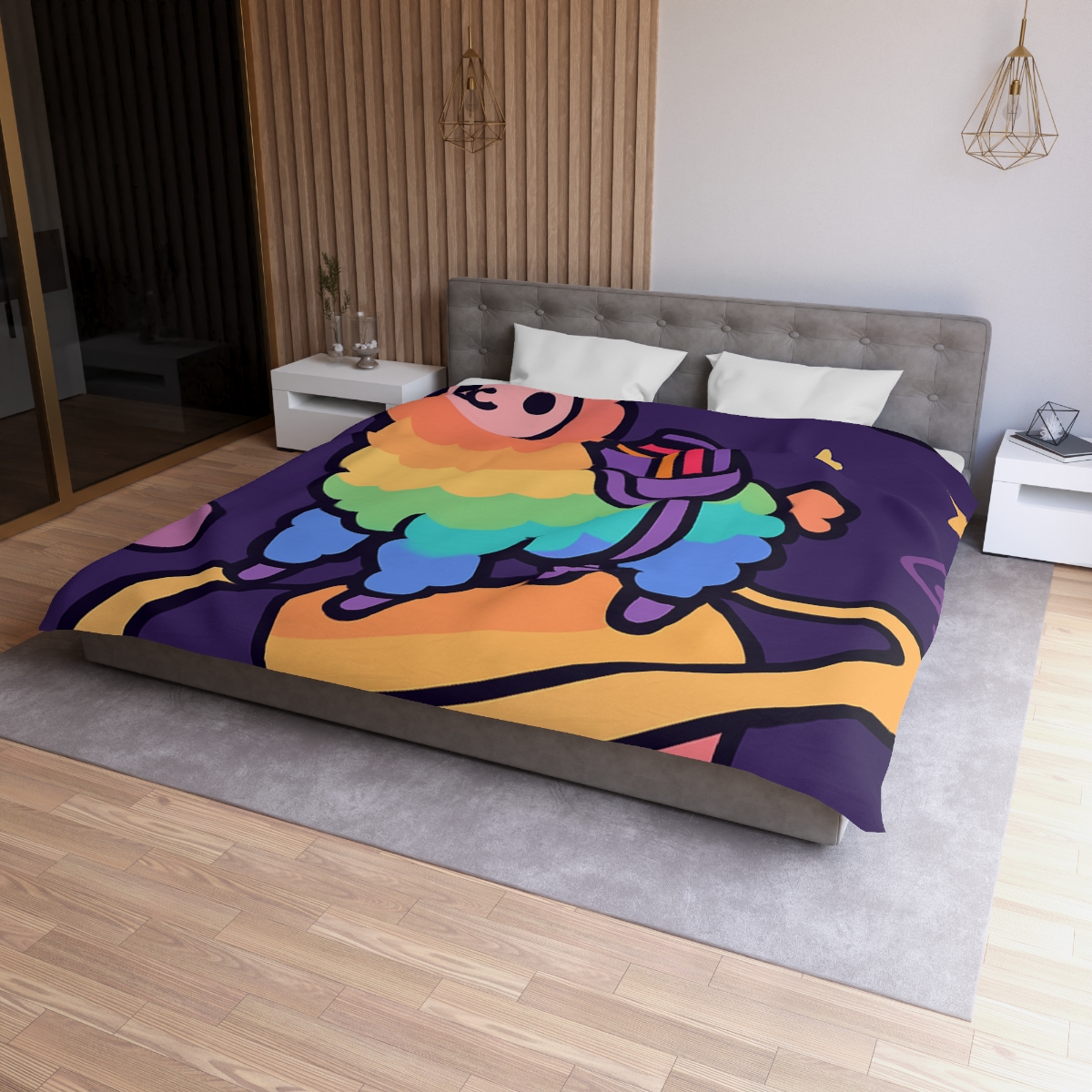 Galaxy Riding Rainbow Llama personalized bedding duvets