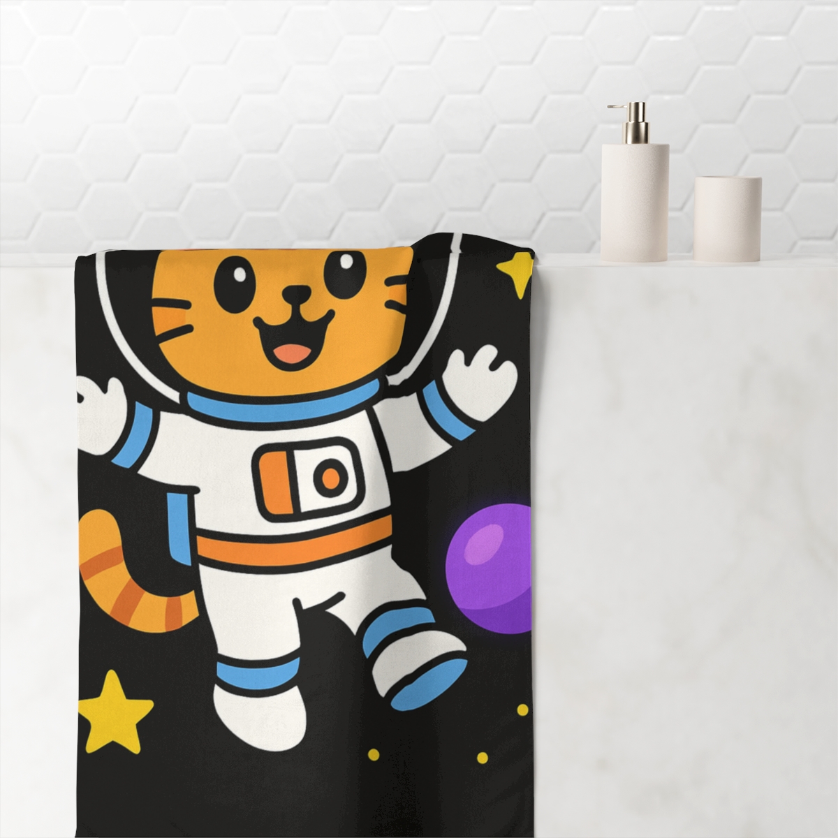Galactic Cat Astronaut Adventure designer printed towels