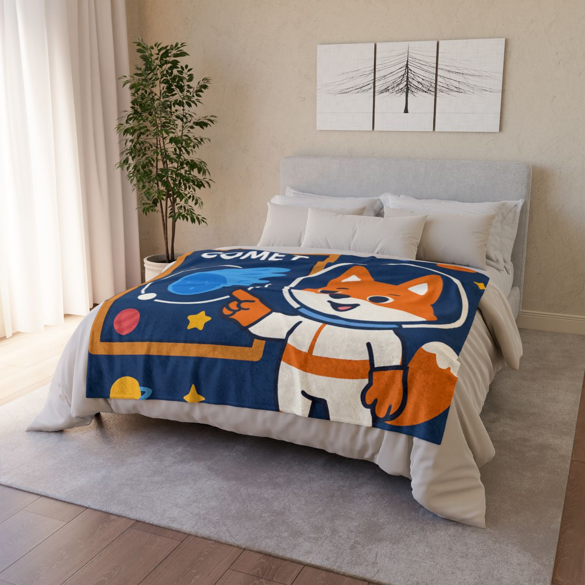Comet Classroom With Curious Space Fox personalized cozy blankets