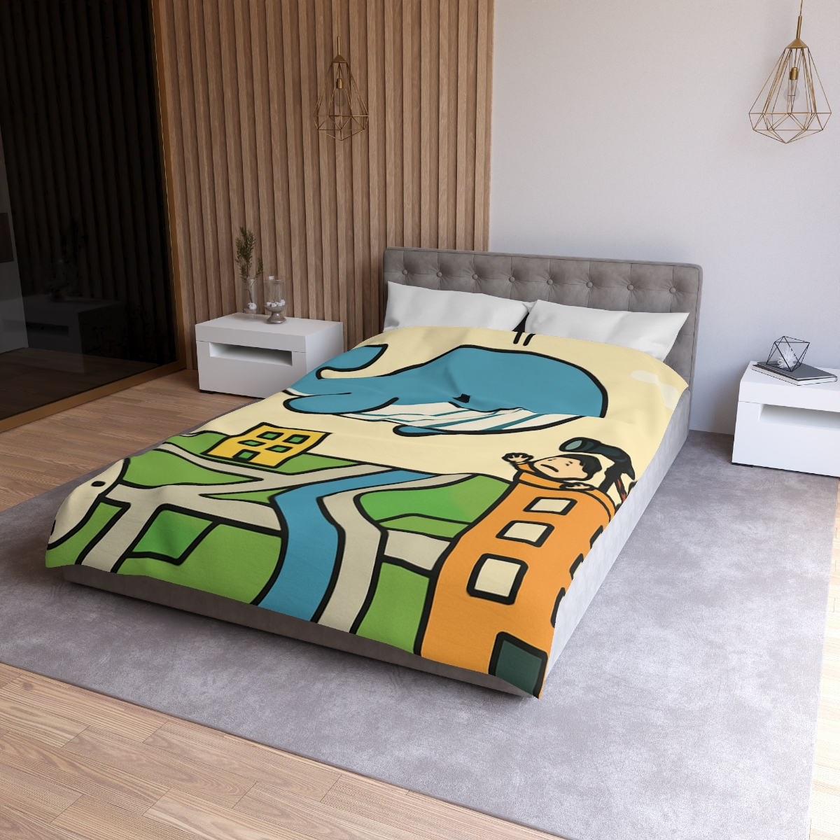 Sky Whale Over The Map City personalized bedding duvets