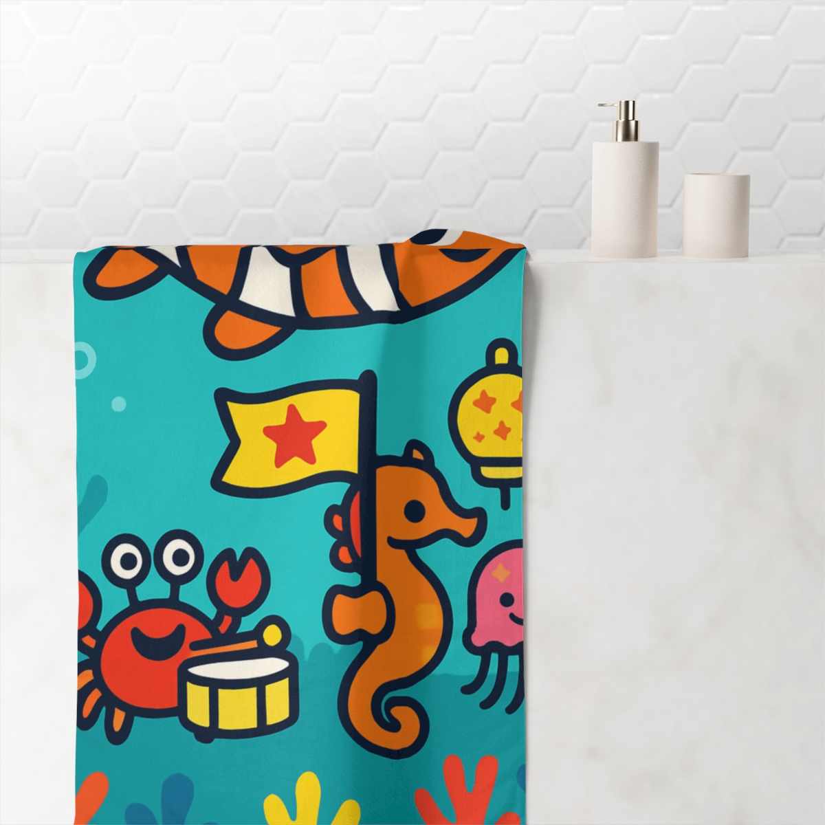 Rainbow Reef Rocket Parade designer printed towels