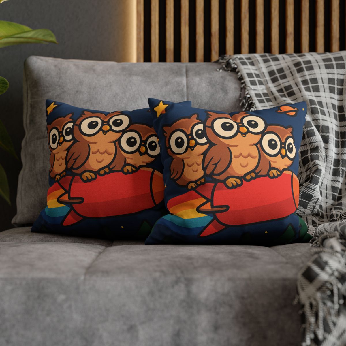 Rocket Riding Forest Owls designer print pillow cases