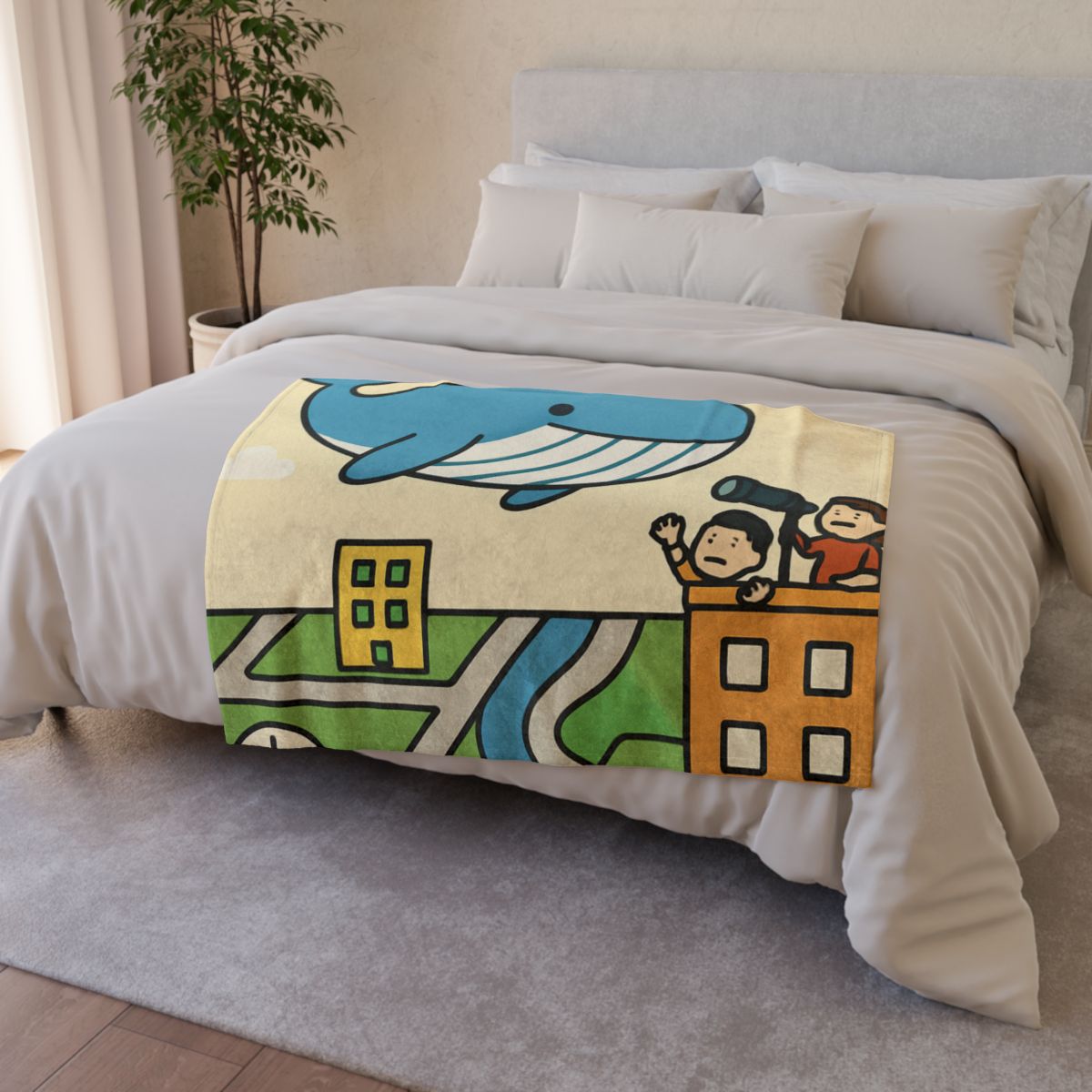 Sky Whale Over The Map City designer printed blankets