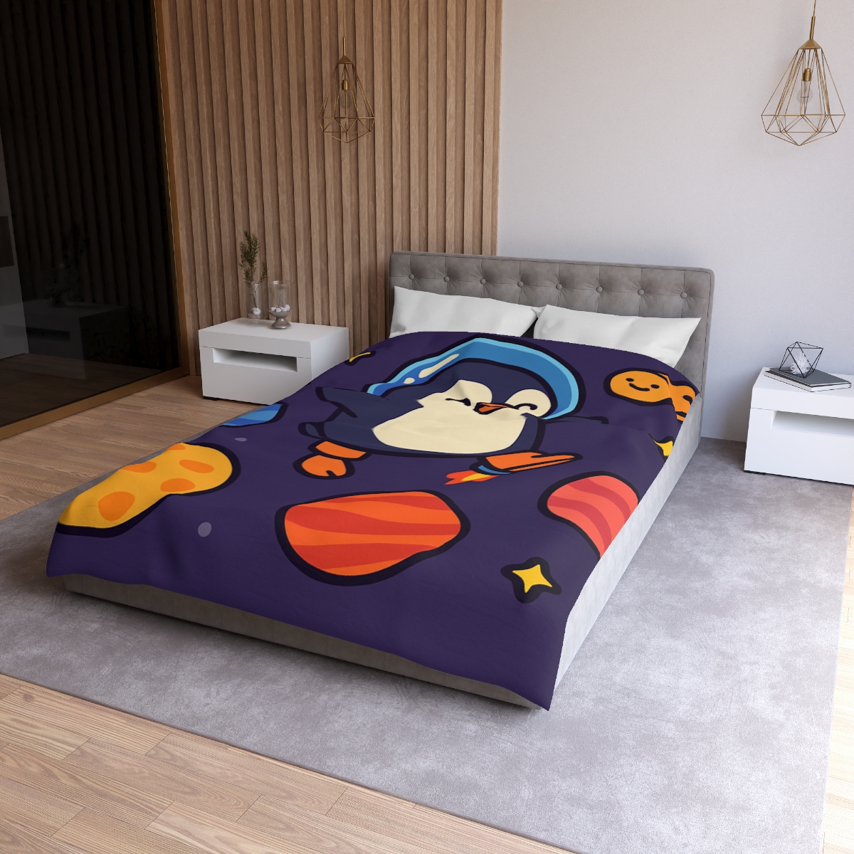 Planet Hopping Penguin Adventure stylish duvet covers