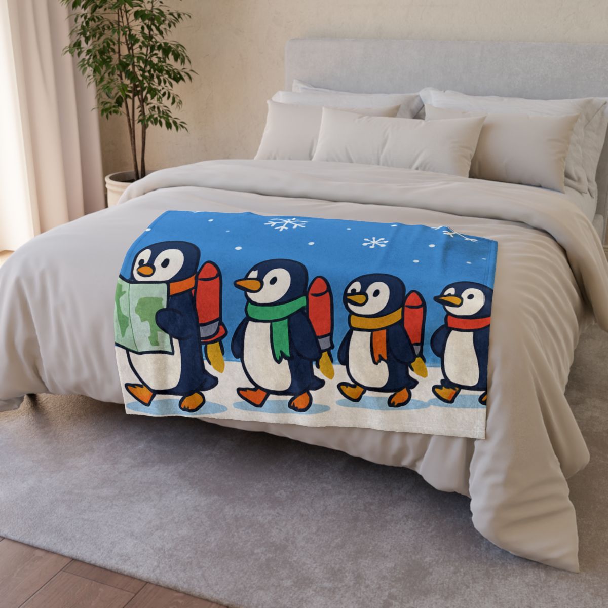 Rocket Penguin Parade personalized cozy blankets