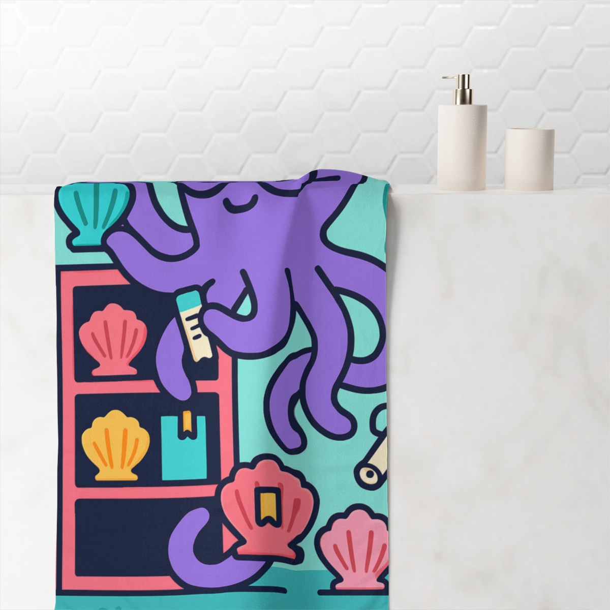 Octopus Librarian In The Coral Reading Nook decorative home towels