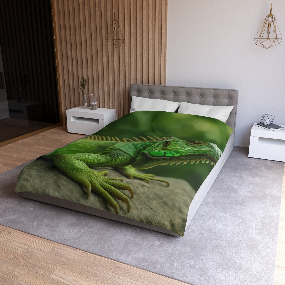 Stone Watcher Green Iguana designer printed duvets
