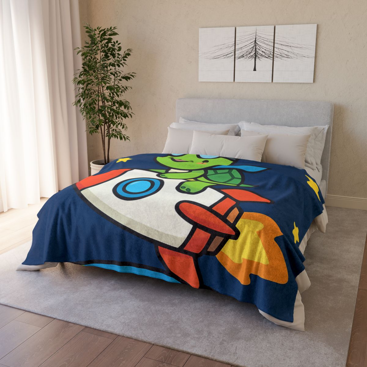 Rocket Riding Turtle To The Moon designer printed blankets