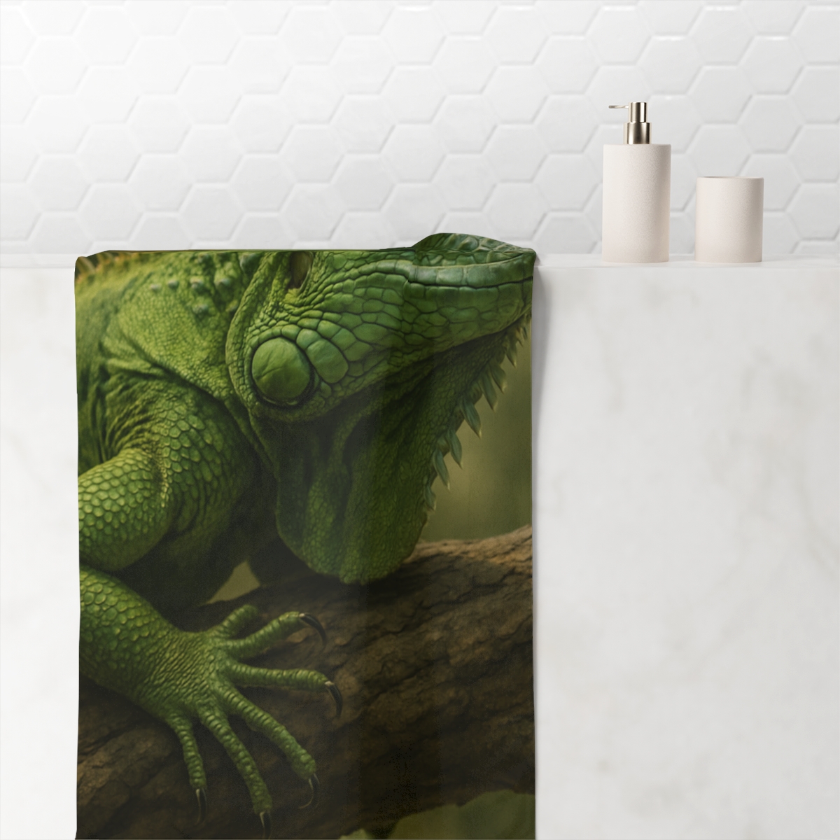 Sunlit Stillness Green Iguana trendy hand towels