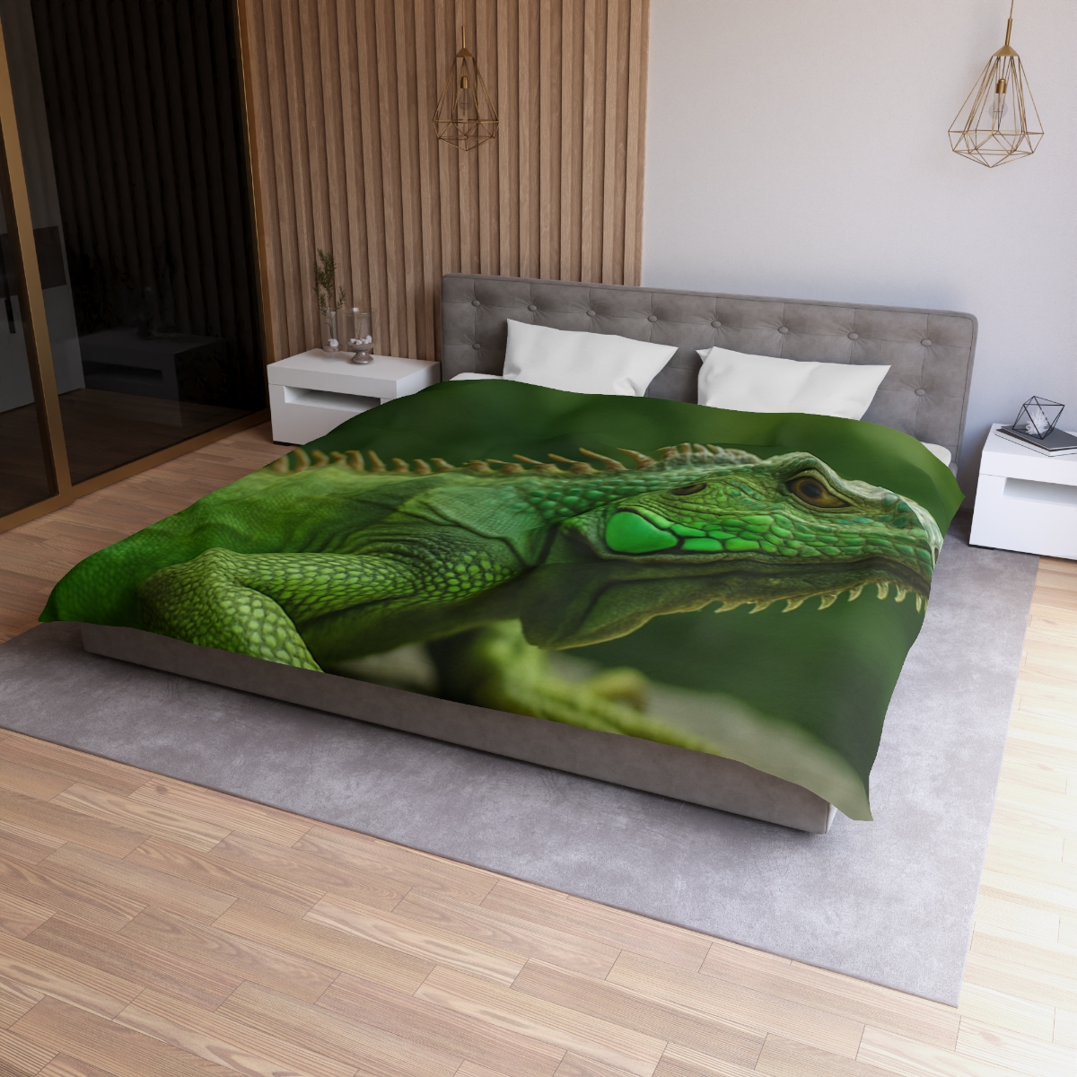 Stone Watcher Green Iguana designer printed duvets