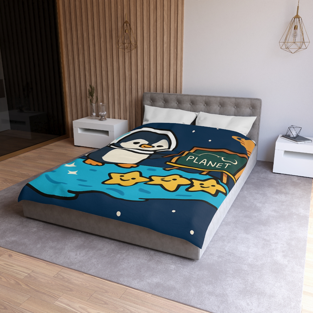 Comet Classroom With Captain Penguin designer printed duvets