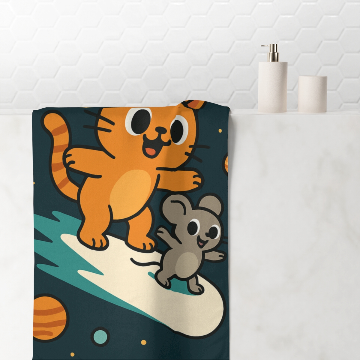 Comet Surfing Cat And Mouse personalized bath towels