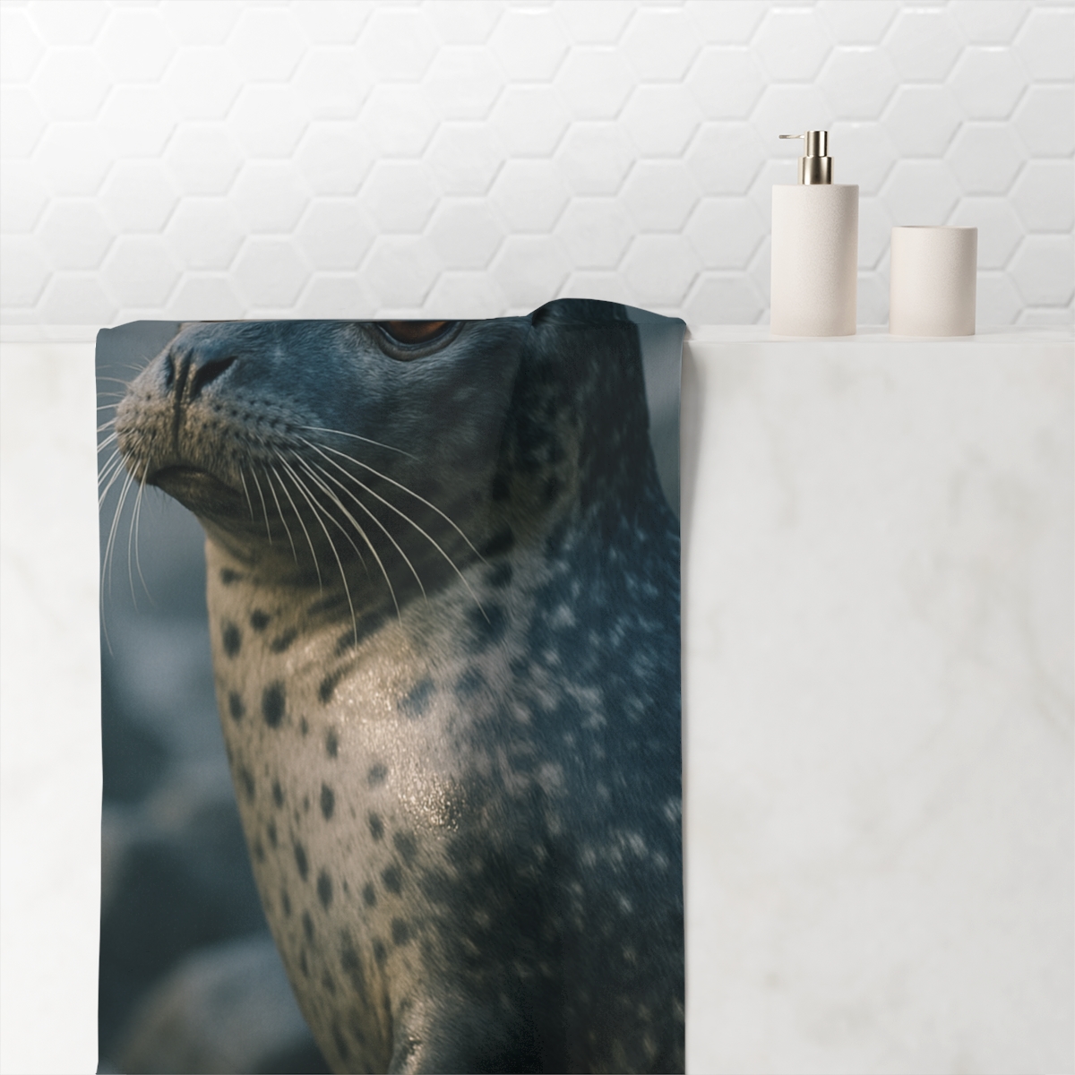 Misty Gaze Harbor Seal designer printed towels