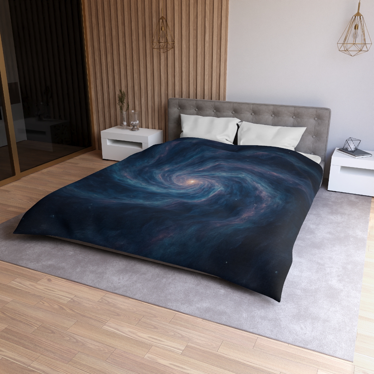 Nebula Spiral Haze designer printed duvets