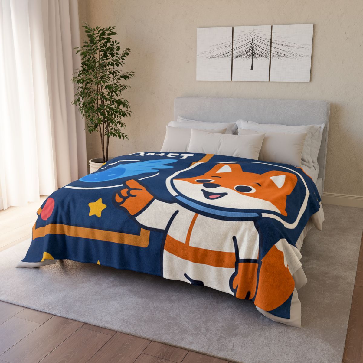 Comet Classroom With Curious Space Fox personalized cozy blankets