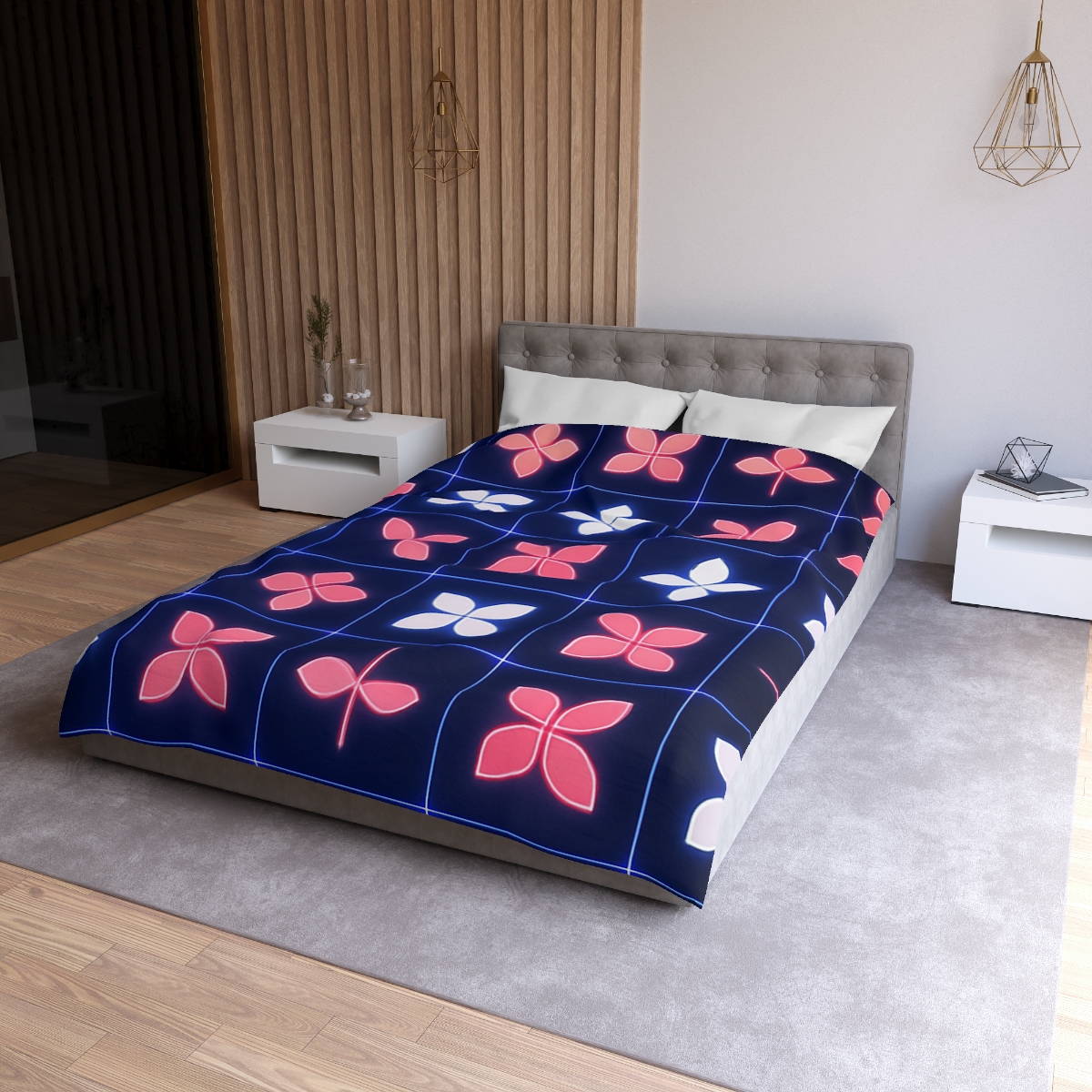 Quantum Blossom Grid designer printed duvets