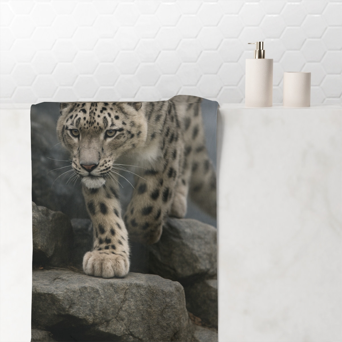 Snow Leopard Silent Descent designer printed towels