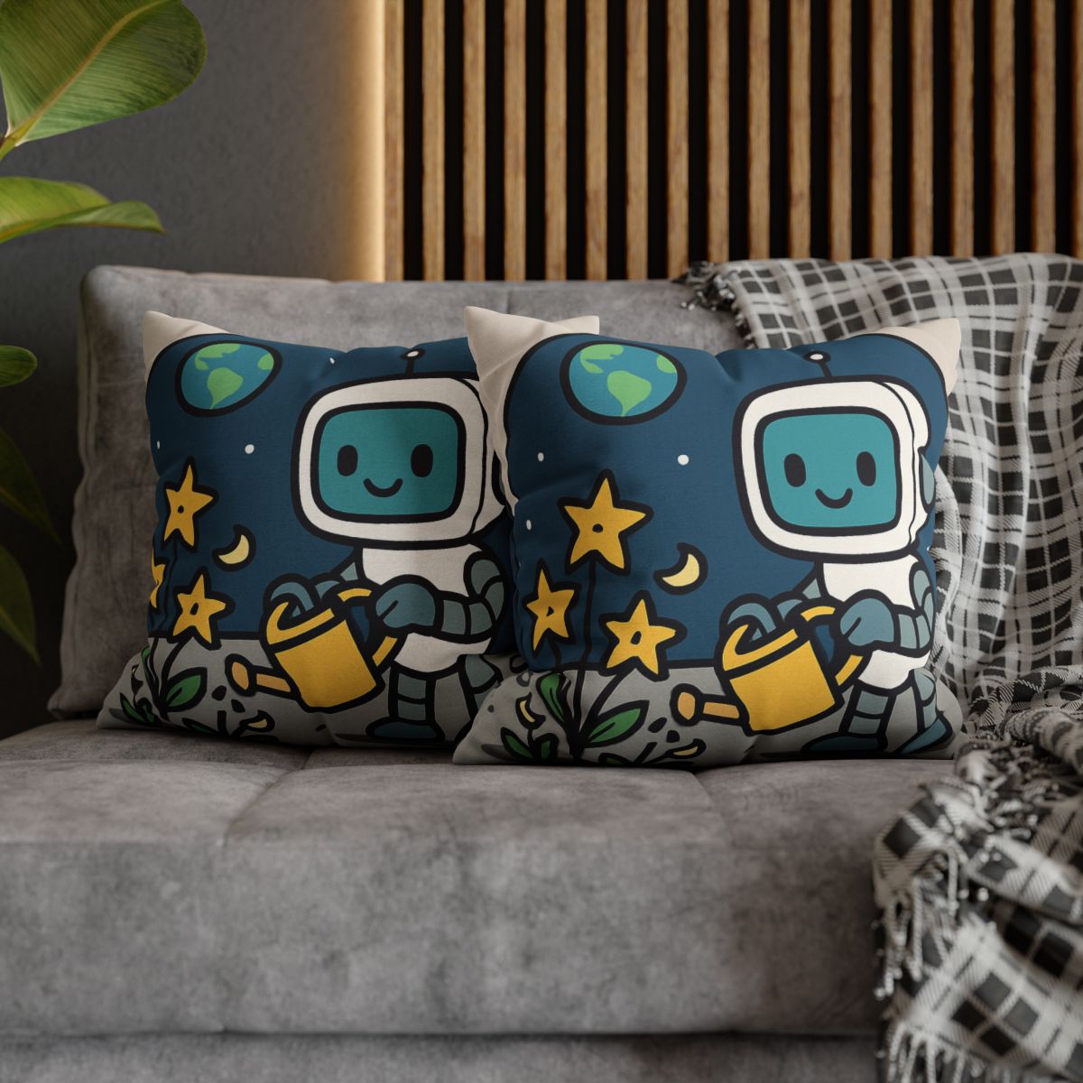 Moon Garden Robot And Space Sprouts designer print pillow cases