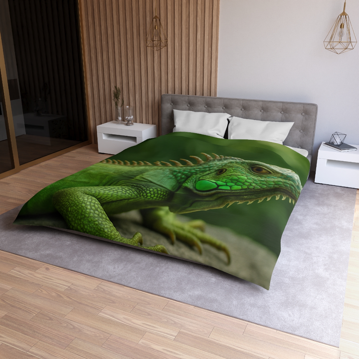 Stone Watcher Green Iguana designer printed duvets