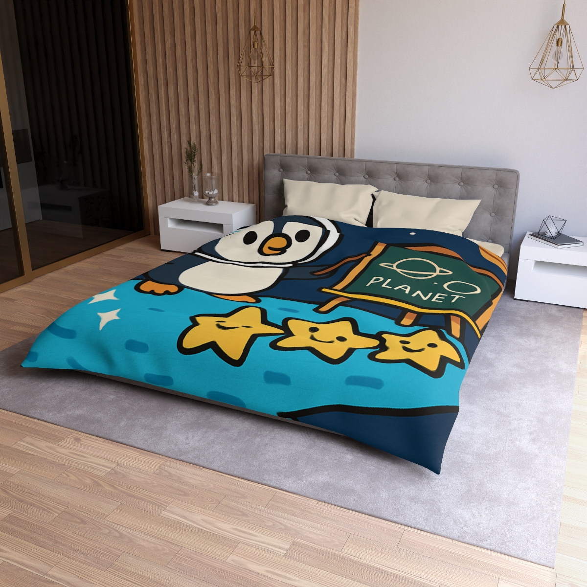 Comet Classroom With Captain Penguin designer printed duvets