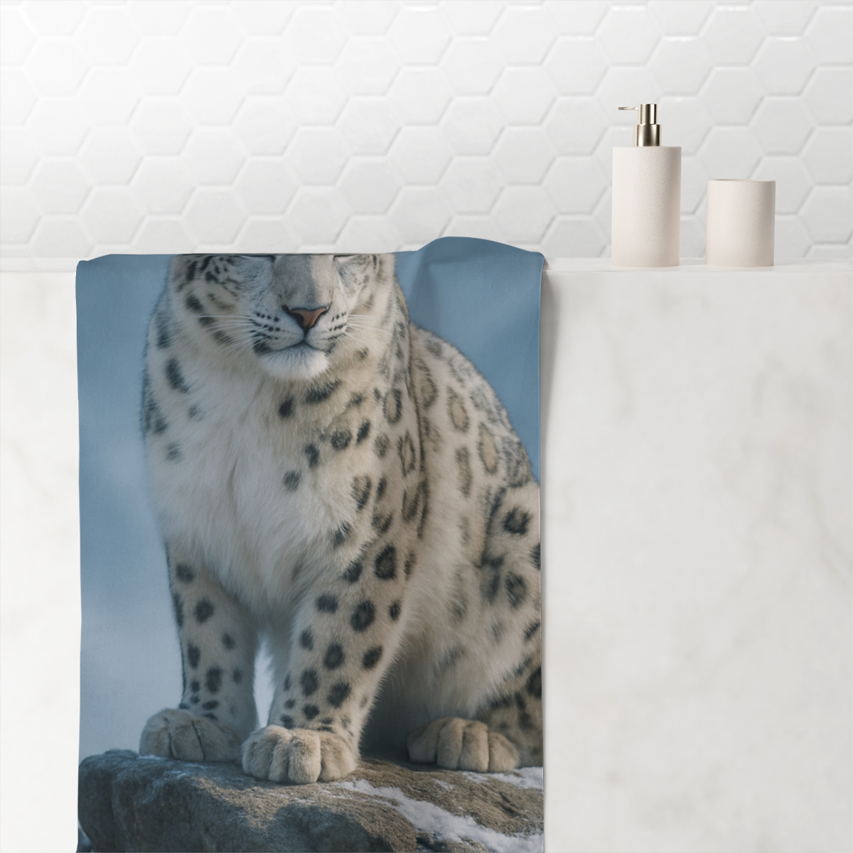 Frosty Sentinel Snow Leopard unique gift towels