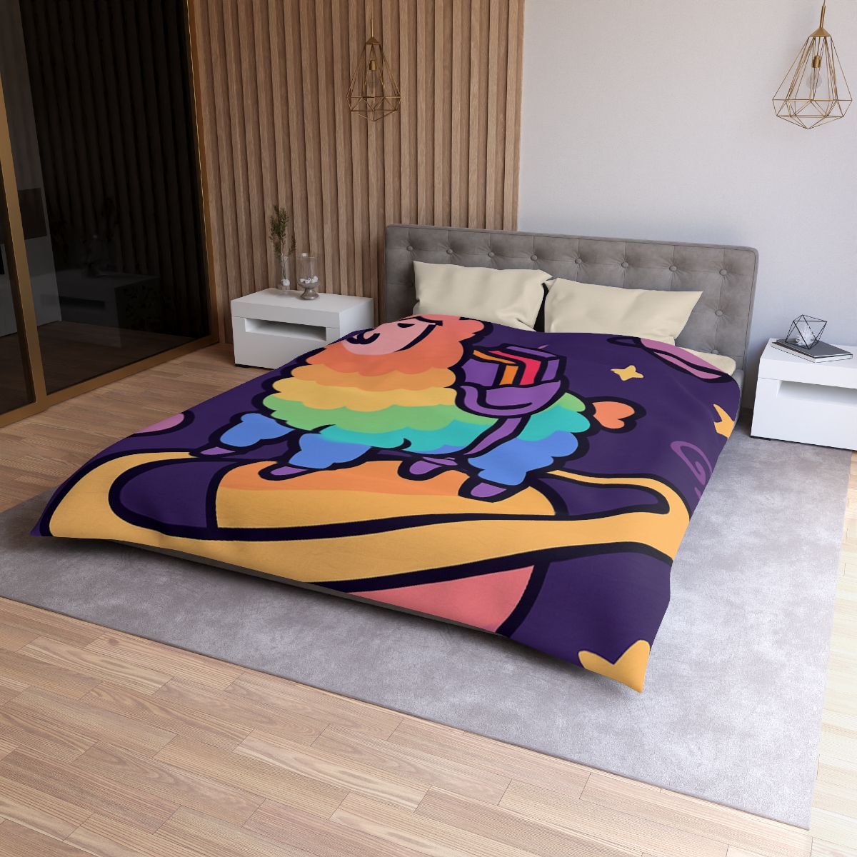 Galaxy Riding Rainbow Llama personalized bedding duvets