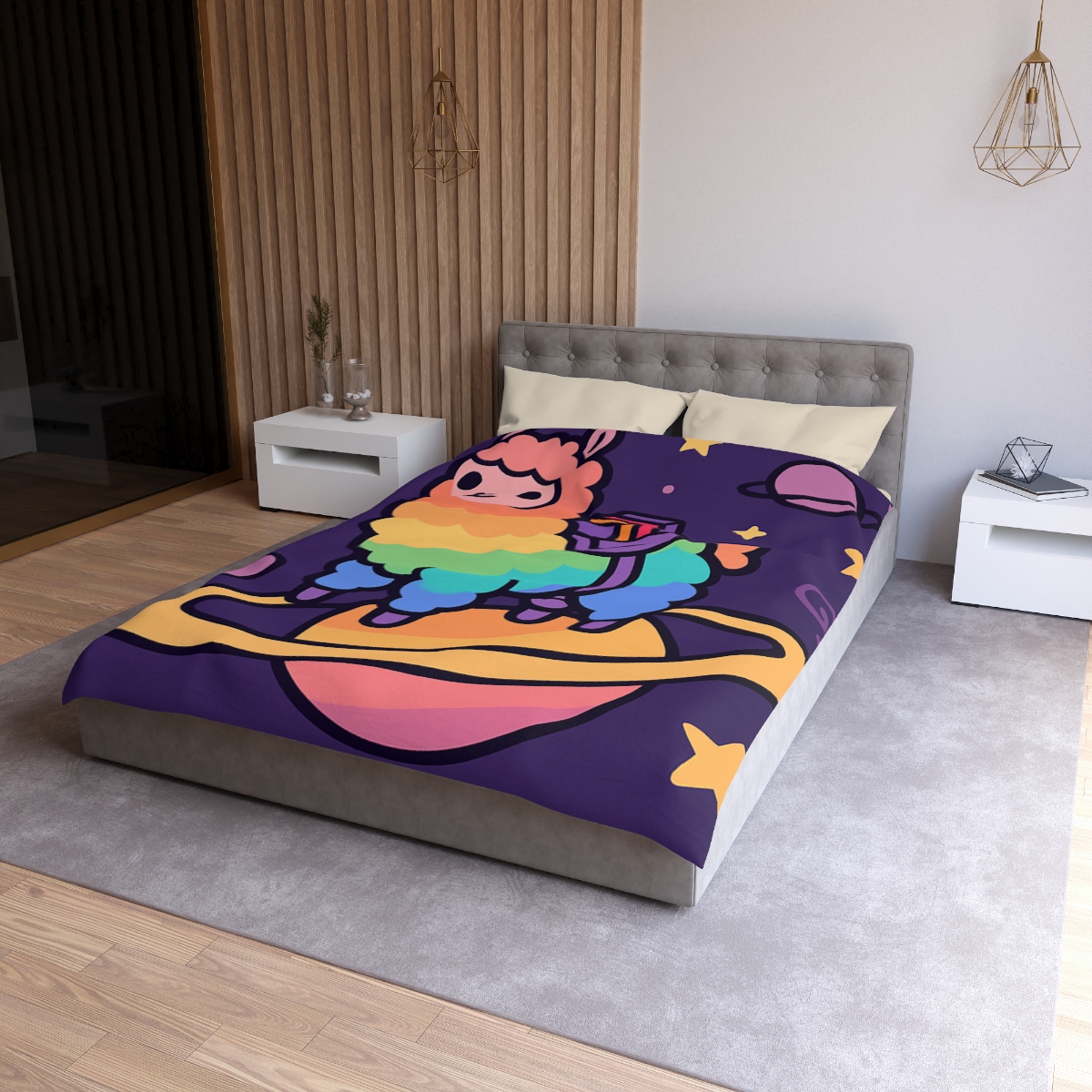 Galaxy Riding Rainbow Llama personalized bedding duvets