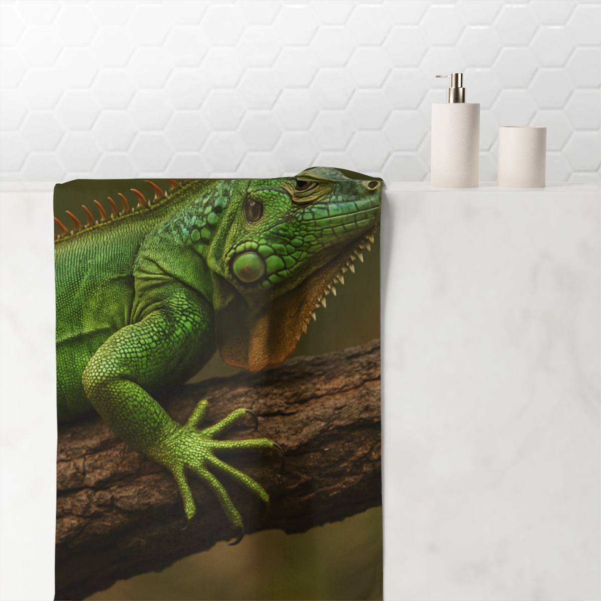 Green Iguana Sunlit Perch soft cotton towels