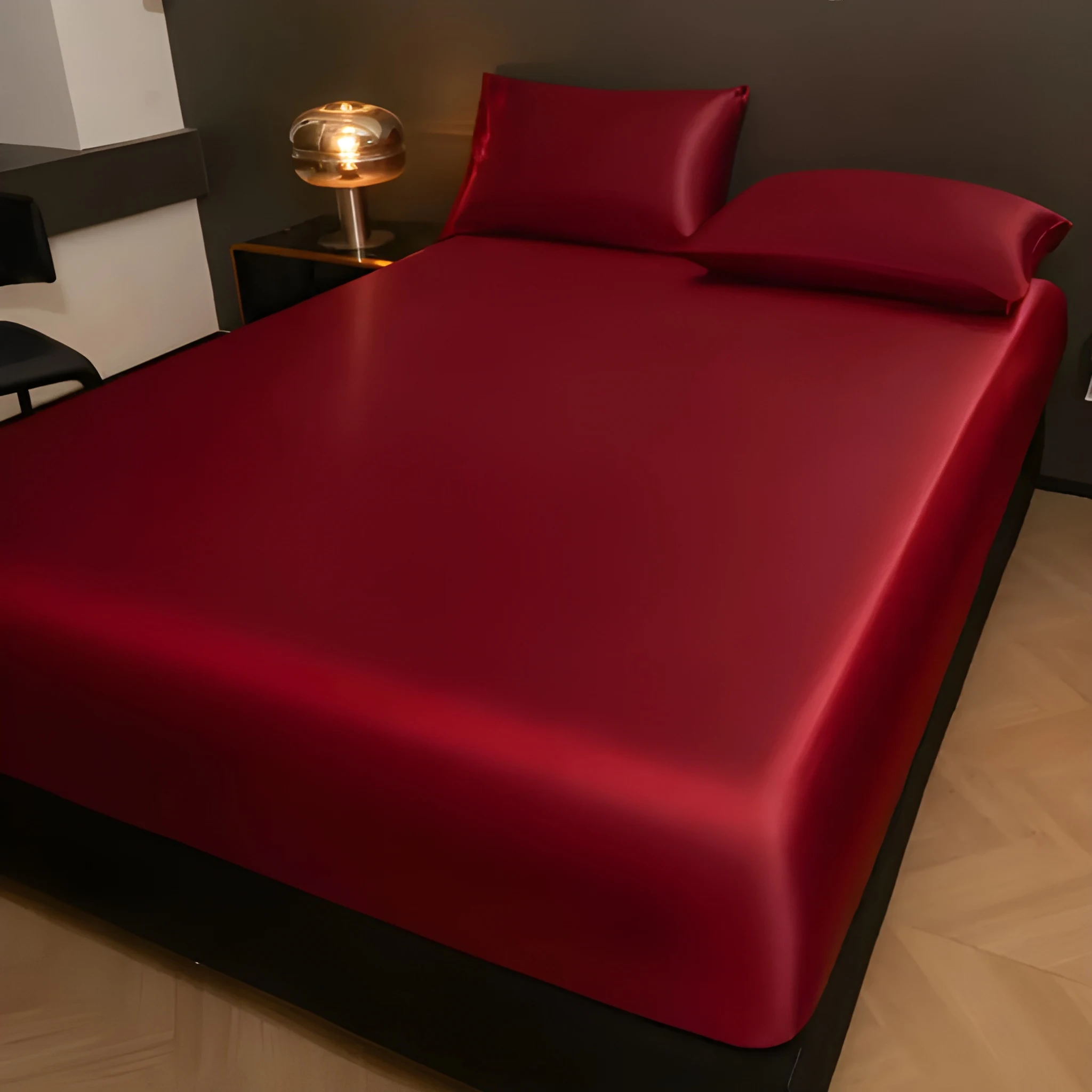 Solid Satin Fitted Sheet With Pillowcase Set