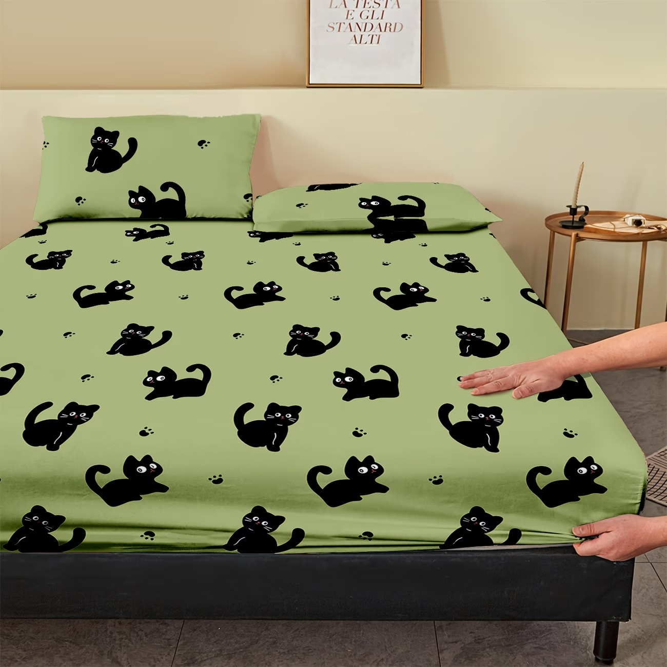 Cartoon Cat Design Print Quilted Fitted Bed Sheet