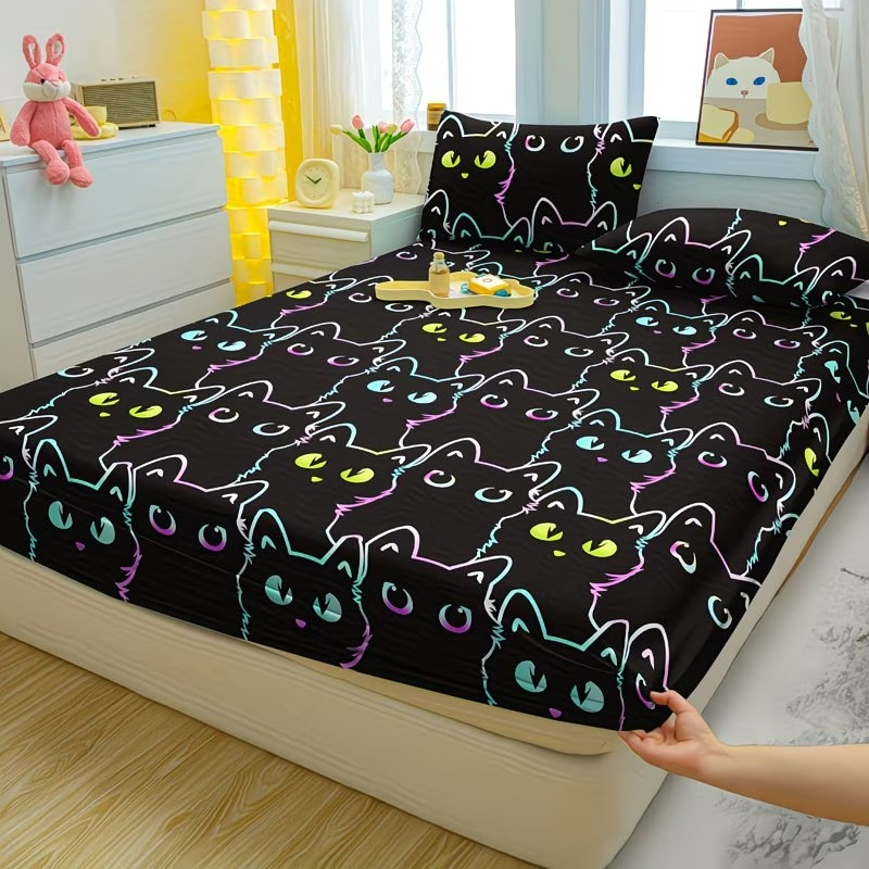 Cartoon Cat Print Fitted Bed Sheet Quilted Bedding Cover
