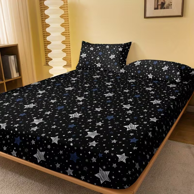 Quilted Star Print Fitted Sheet Polyester Bedding Cover Set