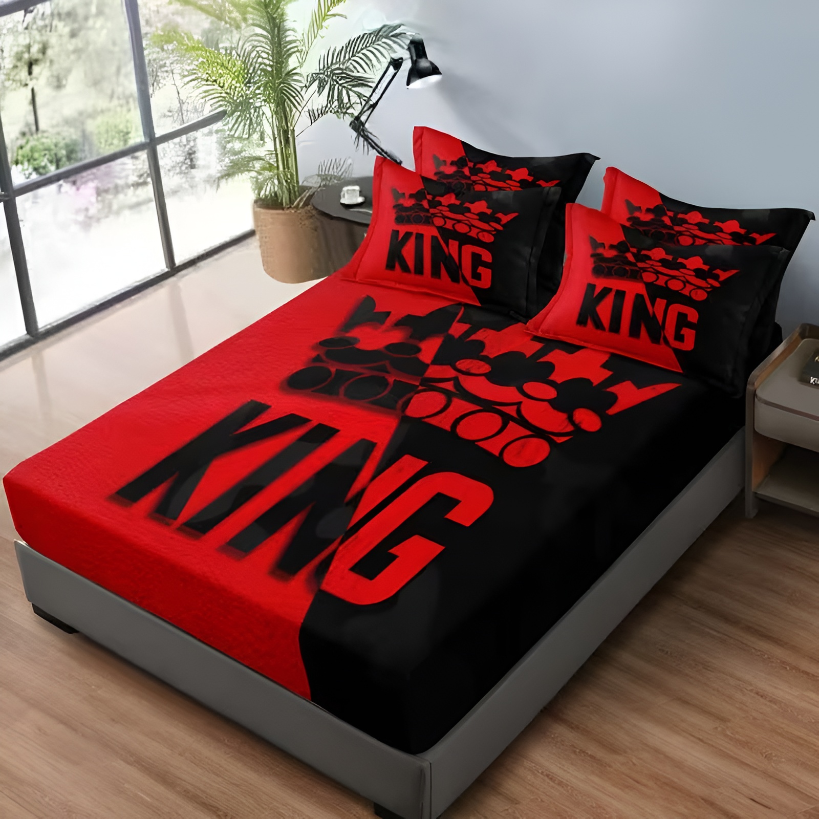 Letter Print Quilted Fitted Bed Sheet Set With Pillowcases