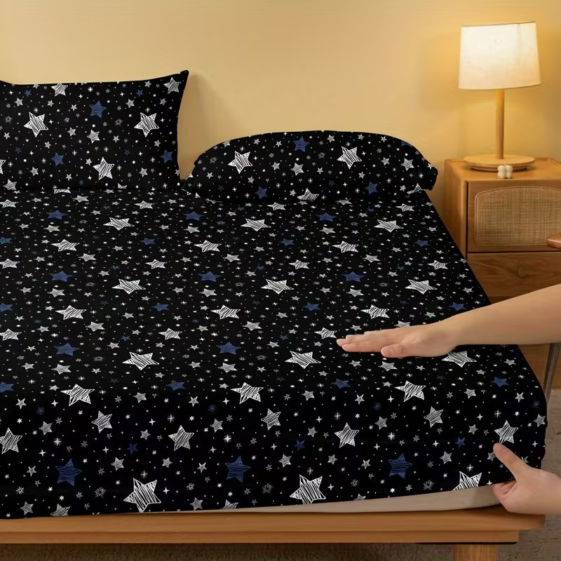 Quilted Star Print Fitted Sheet Polyester Bedding Cover Set