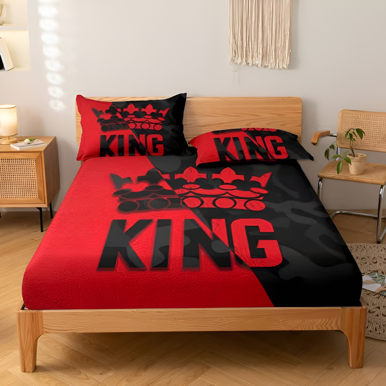 Letter Print Quilted Fitted Bed Sheet Set With Pillowcases