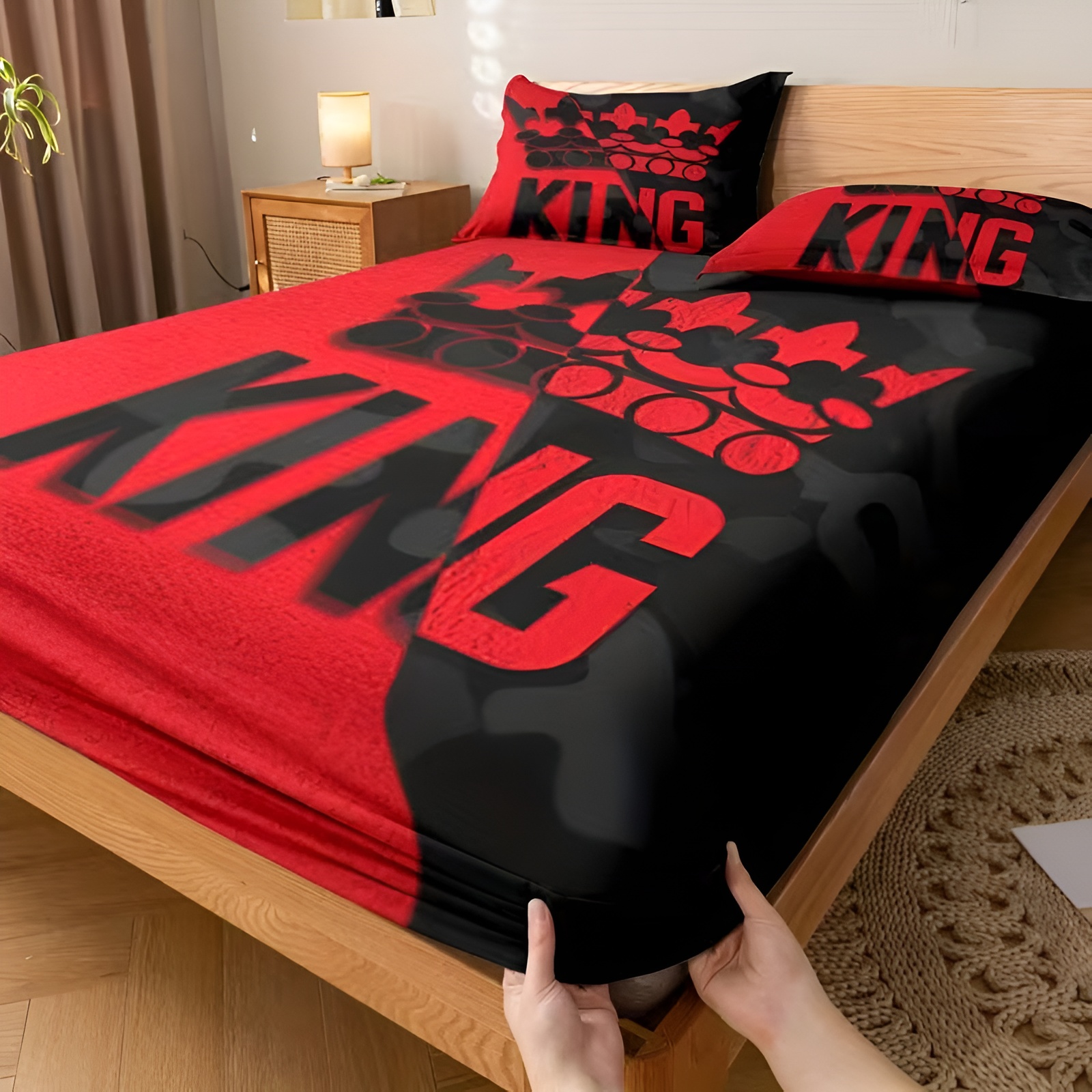 Letter Print Quilted Fitted Bed Sheet Set With Pillowcases